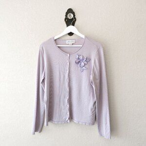 Vintage 90s Casual Corner Annex Silk Blend Lavender Cardigan XL Floral Button